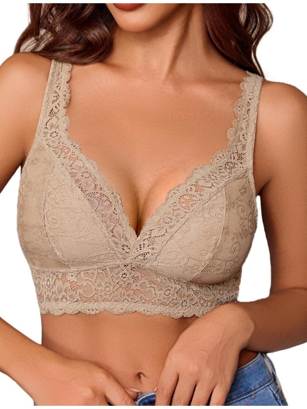 🆕Women's Khaki Lace Braclettes V Neck Wireless Bras Unlined Basic Comfy